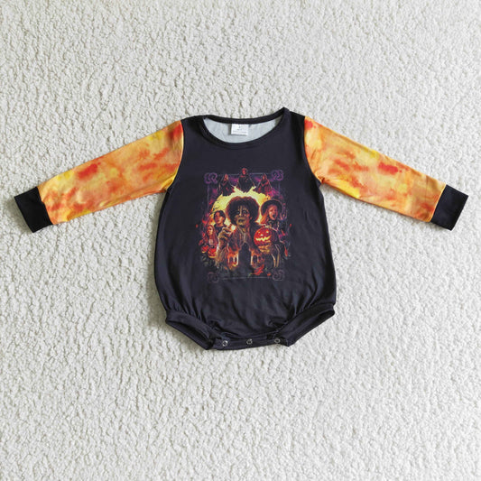 LR0158  Halloween Pumpkin Witch Cartoon Yellow Black Girls Long Sleeve Romper