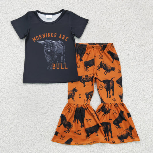 promotion RTS GSPO0286 Black Highland Cow Mornings Are bull Brown Western Girls Short Sleeve Bell Bottom Pants Outfits