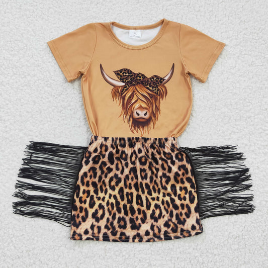 GSD0301 Cow Leopard Tassel Western Yellow Girls Short Sleeve Shorts Outfits