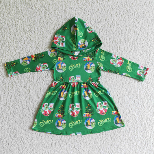 Clearance  6 B10-24  Christmas Green Cartoon With Hat Hoodies Girls Long Sleeve Dresses