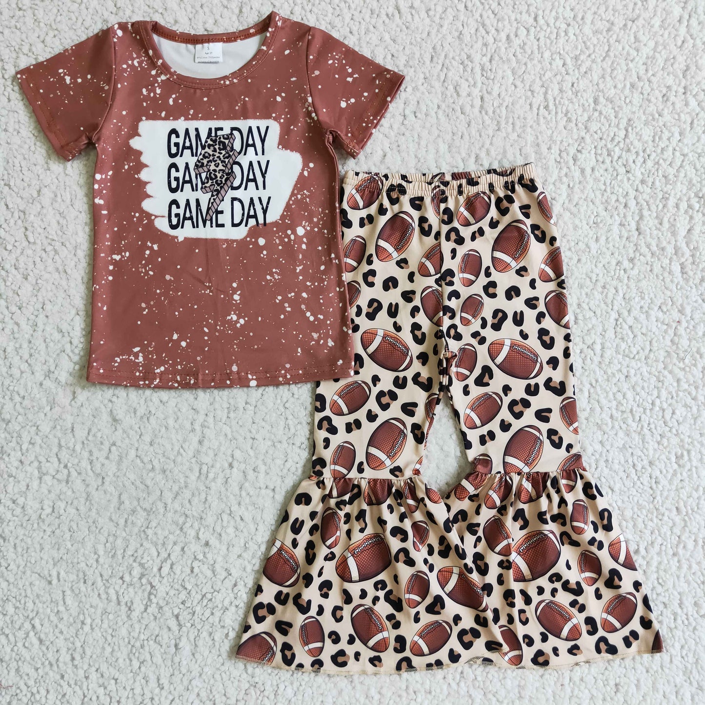 GSPO0216 Brown Leopard Football Game Day Girls Short Sleeve Bell Bottom Pants Outfits