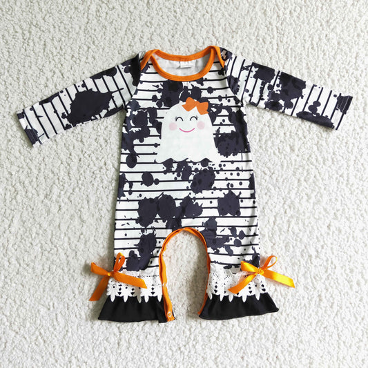 6 B1-31 Halloween Orange Ghost Cartoon Black Stripes Girls Long Sleeve Romper