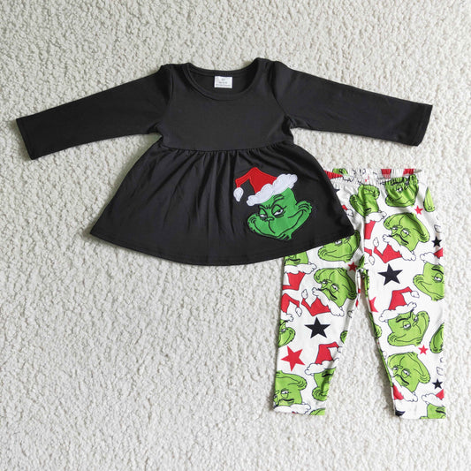 6 A3-13 Christmas Green Cartoon Blue Embroidery Tunic Girls Long Sleeve Pants Outfits