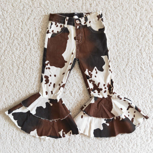 Aa-1 Brown Cow Print Girls Double Ruffles Denim Jeans