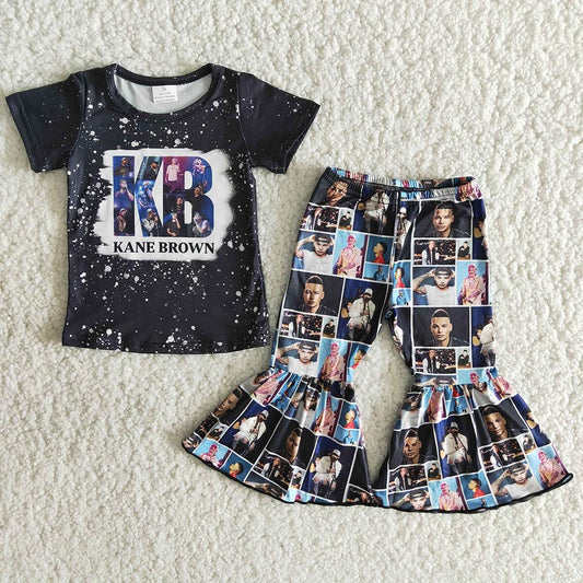 Clearance B7-14 Black Bleach Design Singer Girls Short Sleeve Bell Bottom Pants Outfits