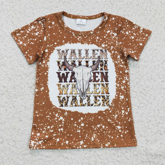 GSPO0409  2Pcs GT0115 Brown Bleach Wallen Highland Cow Top + Brown Stripes Denim Girls Short Sleeve Bell Bottom Pants Outfits