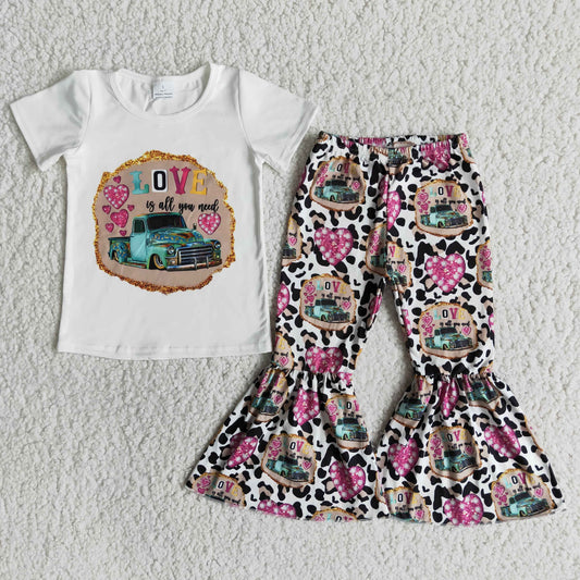 E13-26 Valentine Love Is All You Need Pink Leopard Girls Short Sleeve Bell Bottom Outfits