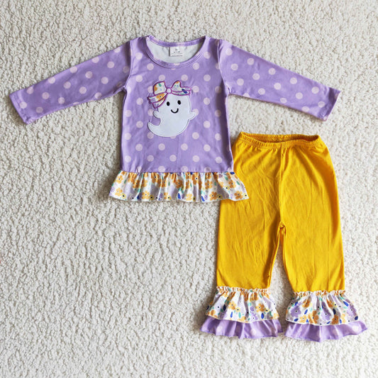 GLP0200 Halloween Ghost Cartoon Purple Dots Orange Ruffles Embroidery Girls Long Sleeve Pants Outfits