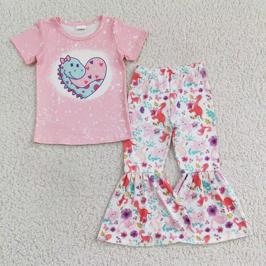 GSPO0283 Valentine Pink Dinosaur Love Cartoon Girls Short Sleeve Bell Bottom Pants Outfits