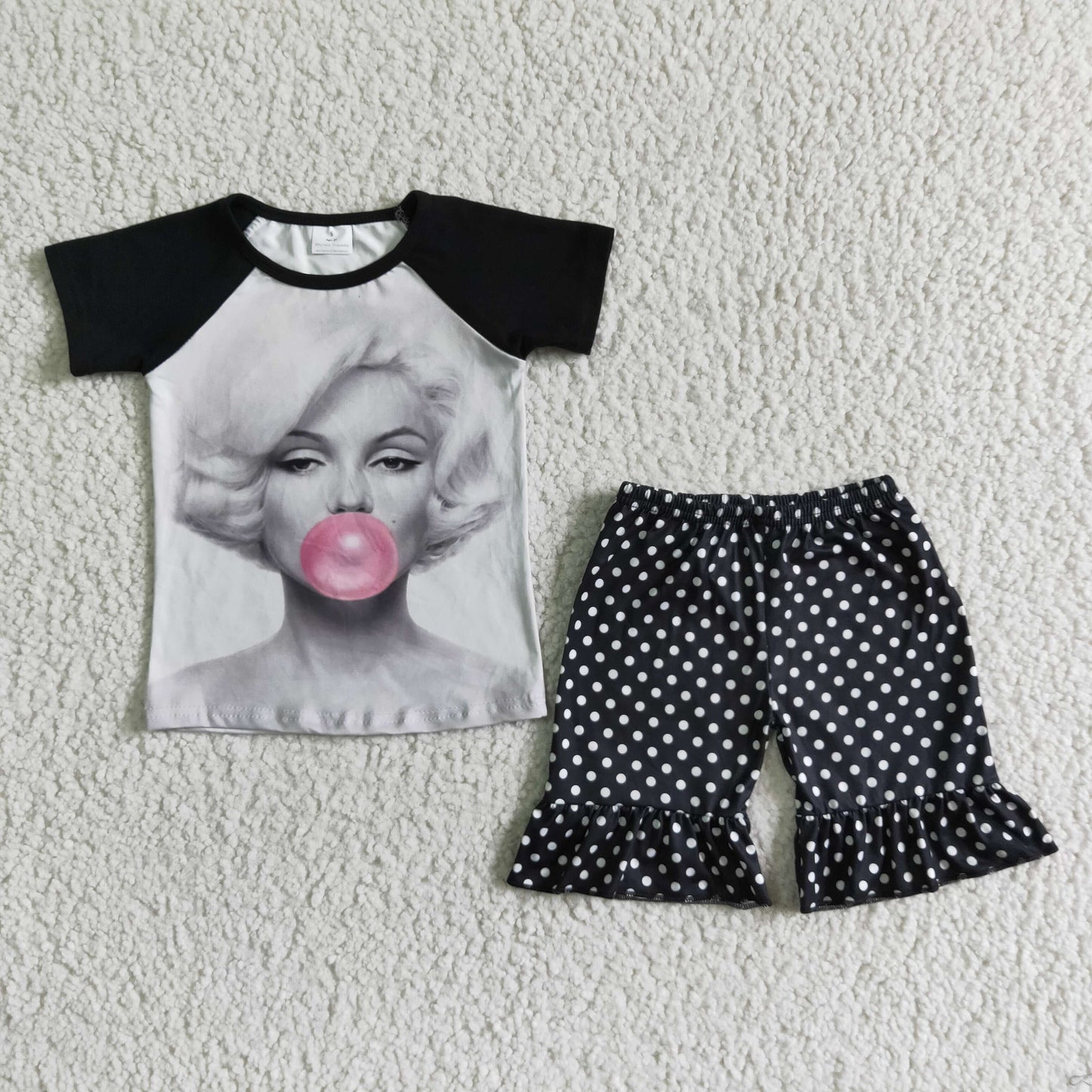 Clearance A5-3 Character Black Dots Girls Short Sleeve Shorts Outfits