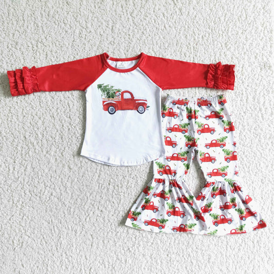 6 B9-19 Christmas Tree Red Car Girls Long Sleeve Bell Bottom Pants Outfits