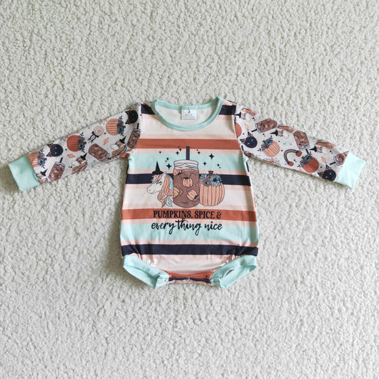 LR0094 Halloween Pumpkin Unicorn Green Stripes Girls Long Sleeve Romper