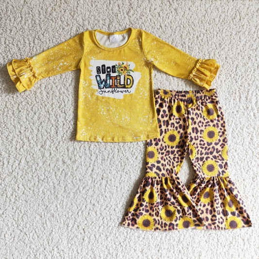 promotion RTS 6 A7-19 Wild Sunflower Yellow Leopard Girls Long Sleeve Bell Bottom Pants Outfits