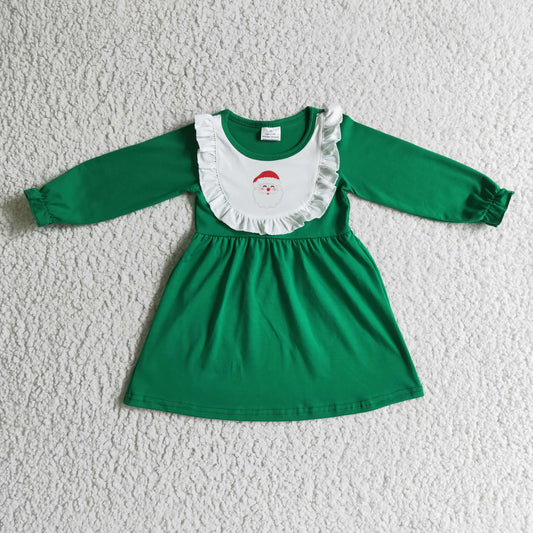 GLD0108 Christmas Santa Green White Ruffles Girls Long Sleeve Dresses