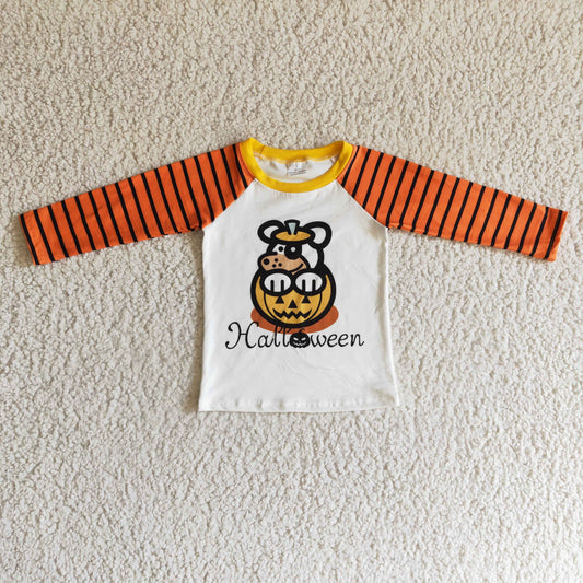 BT0054 Halloween Orange Black Stripes Pumpkin Bee Dog Boys Long Sleeve Top T-shirts