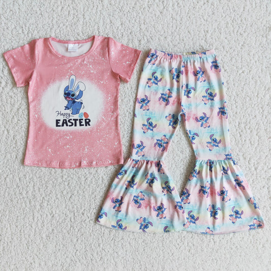 E9-19 Happy Easter Pink Bleach Design Cartoon Girls Short Sleeve Bell Bottom Pants Outfits