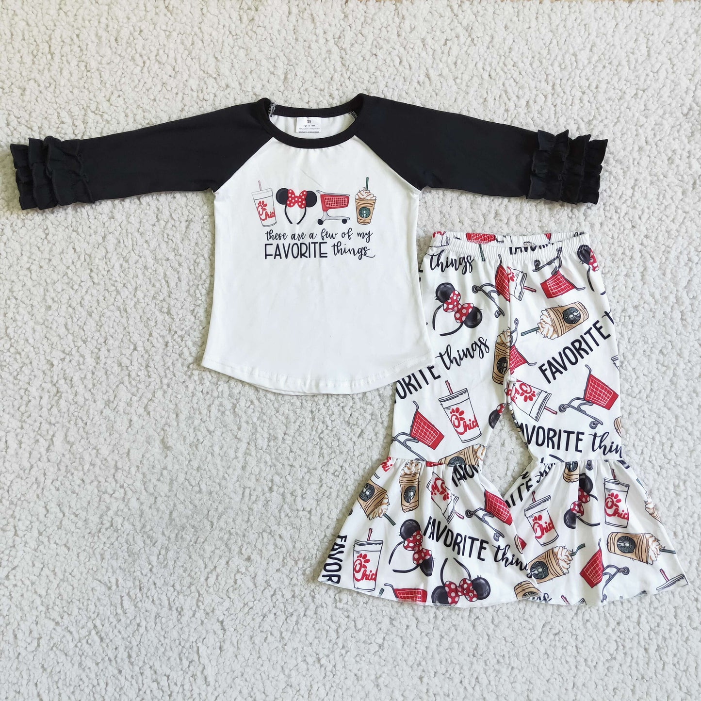 Clearance 6 B7-19 Black Red Cartoon Favorite Thing Coffee Girls Long Sleeve Bell Bottom Pants Outfits