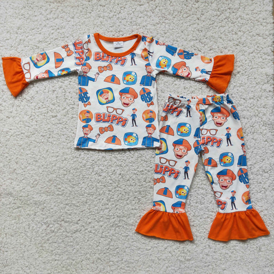 Clearance 6 C11-2 Orange Cartoon Ruffles Girls Long Sleeve Pajamas