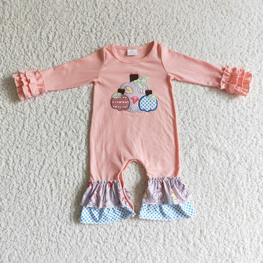 LR0152 Halloween Pumpkin Pink Embroidery Ruffles Girls Long Sleeve Romper