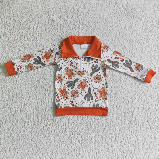 BT0068 Christmas Orange Gingerbread Cartoon Santa Cactus Boys Long Sleeve Top Collar Polo Pullover T-Shirts