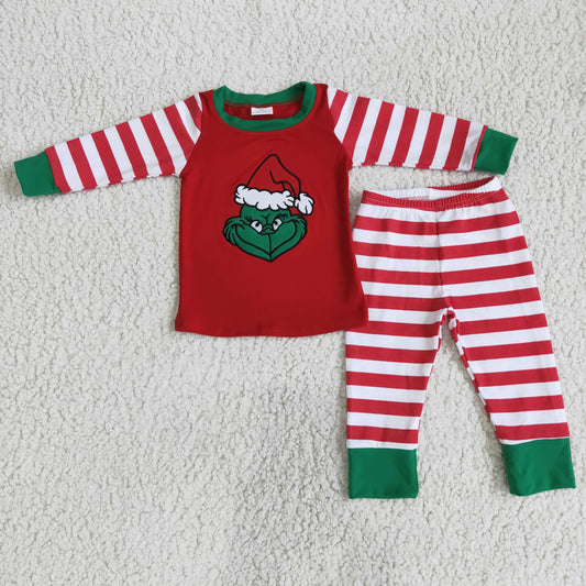 Clearance 6 B5-18 Christmas Green Red Stripes Cartoon Embroidery Boys Long Sleeve Pants Outfits Pajamas