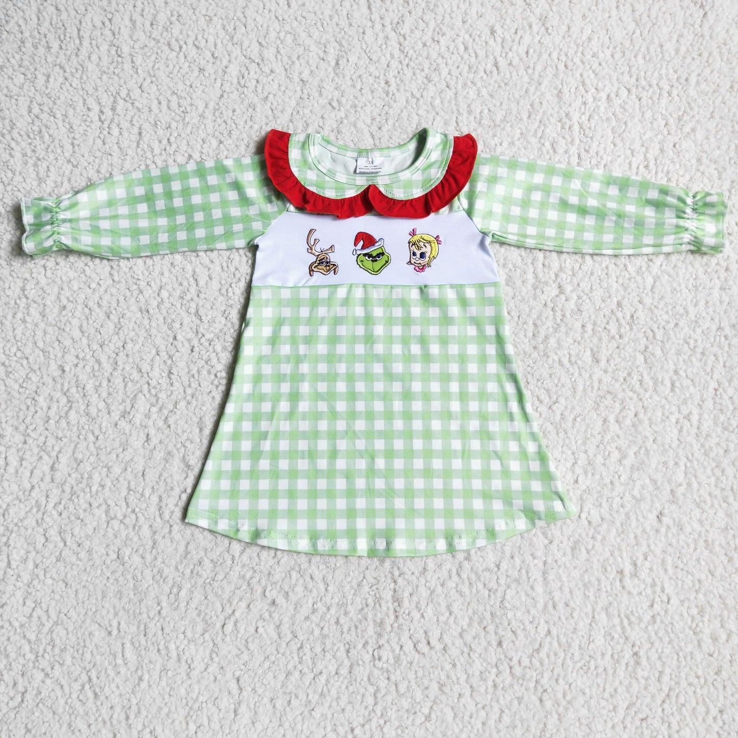 GLD0009 Christmas Green Red Cartoon Embroidery Girls Long Sleeve Dresses