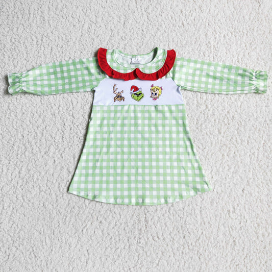 GLD0009 Christmas Green Red Cartoon Embroidery Girls Long Sleeve Dresses