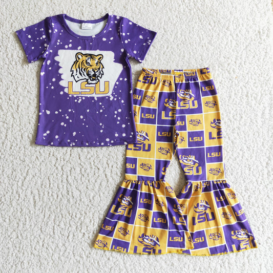 GSPO0210 Purple Bleach Yellow Tiger Football Team Girls Short Sleeve Bell Bottom Pants Outfits