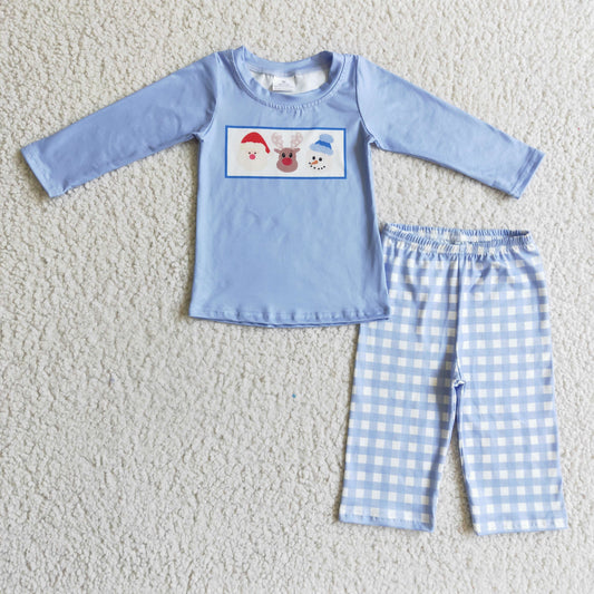 BLP0129 Christmas Santa Deer Snowman Blue Plaid Girls Long Sleeve Pants Outfits