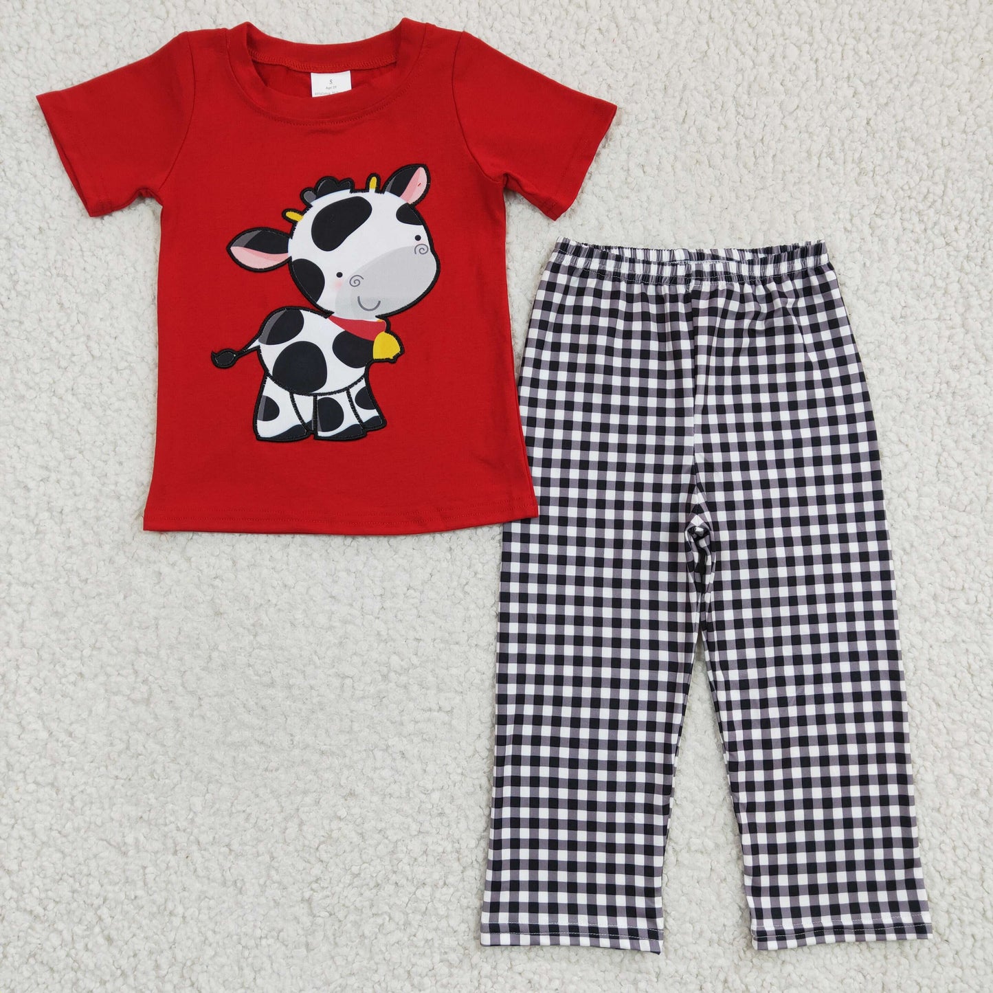 BSPO0057 Red Black Plaid Cow Boys Short Sleeve Pants Outfits