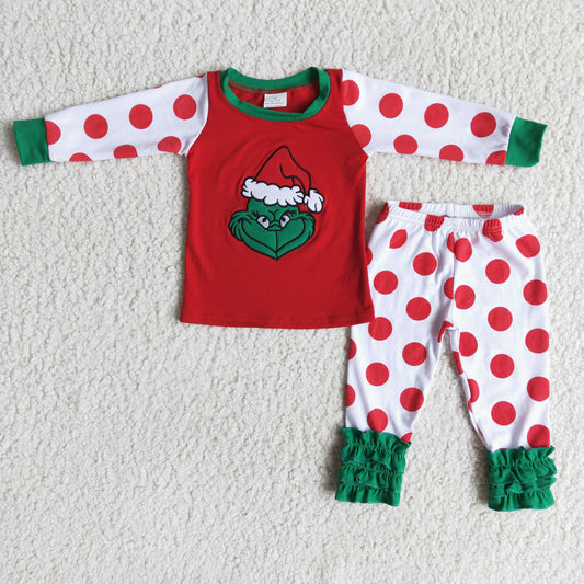 Clearance 6 A0-5 Christmas Green Red Dots Cartoon Embroidery Girls Long Sleeve Pants Outfits Pajamas
