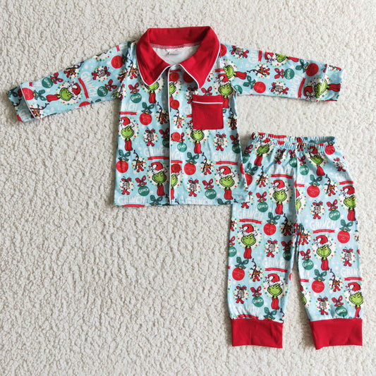 6 C11-17 Christmas Green Cartoon Red Blue Print Pockets Collar Boys Long Sleeve Pajamas