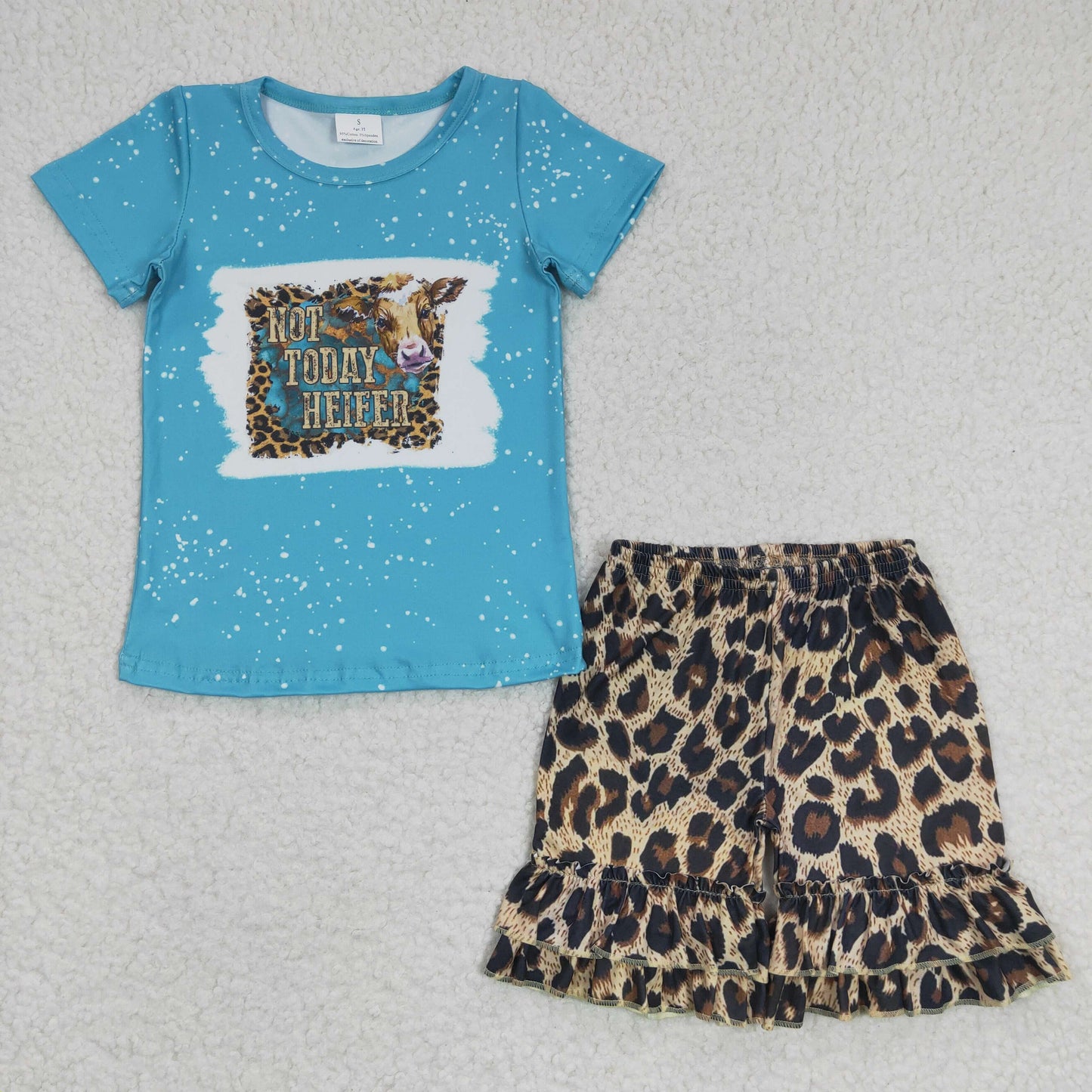 C5-16 Not Today Heifer Cow Blue Bleach Design Leopard Girls Short Sleeve Shorts Outfits