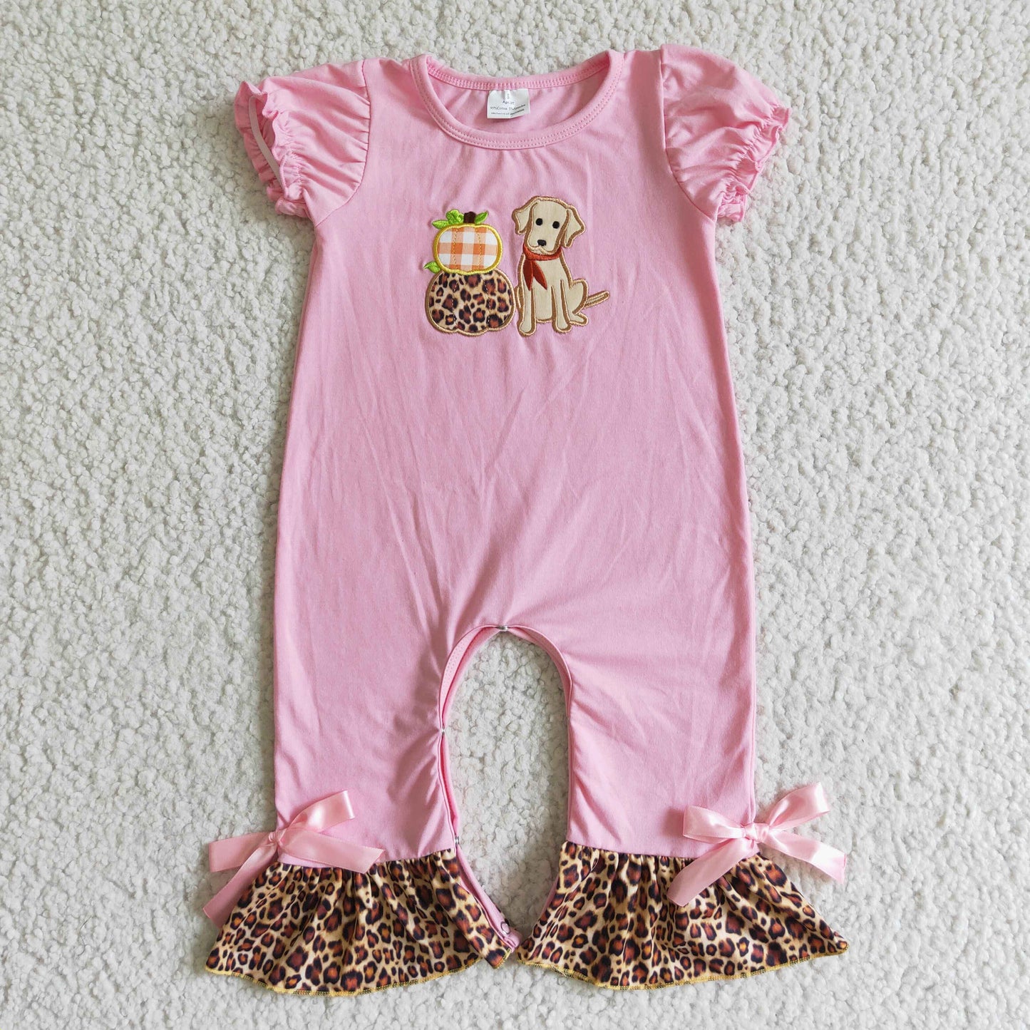 SR0068 Halloween Pink Pumpkin Dog Leopard Embroidery Girls Short Sleeve Romper