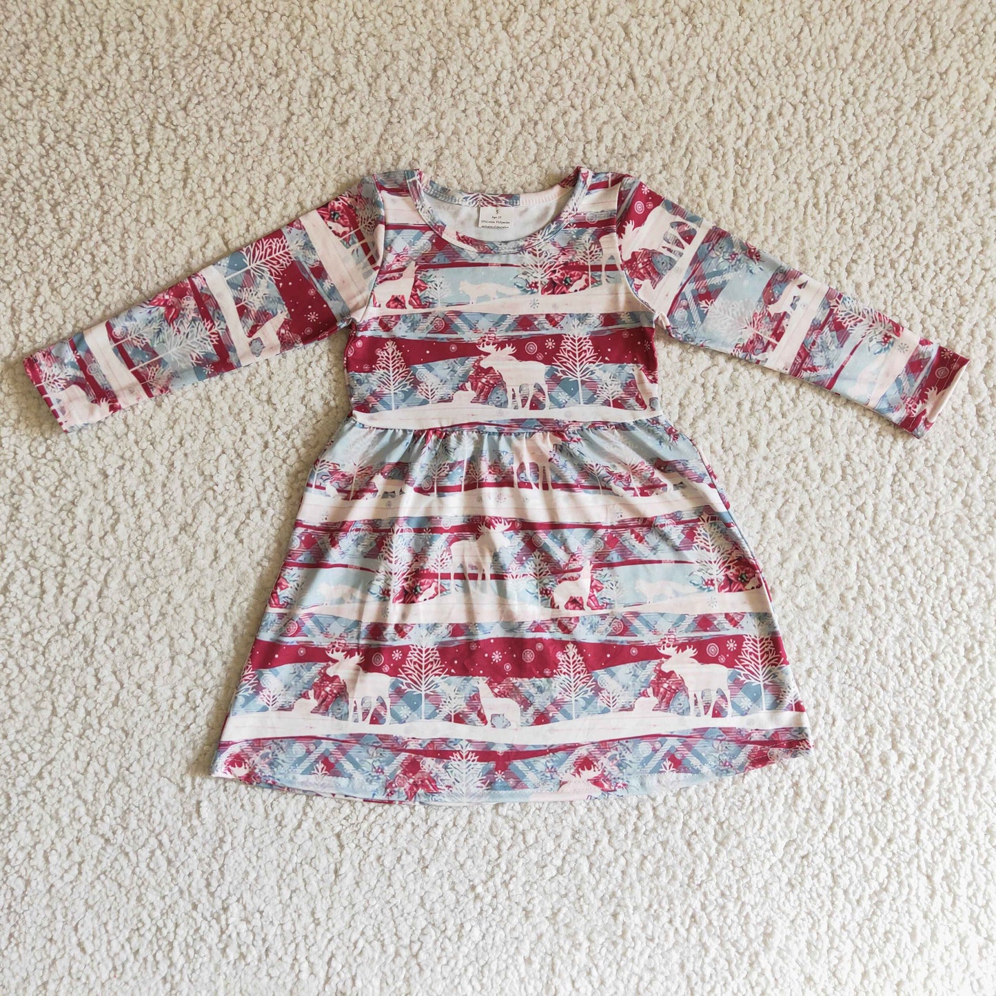 GLD0116 Christmas Green Red Deer  Girls Long Sleeve Dresses