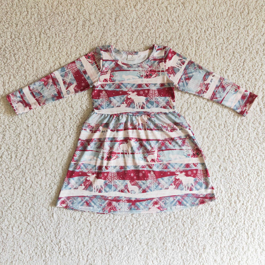 GLD0116 Christmas Green Red Deer  Girls Long Sleeve Dresses