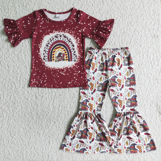 GSPO0151 Red Magic Cartoon Girls Short Sleeve Bell Bottom Pants Outfits