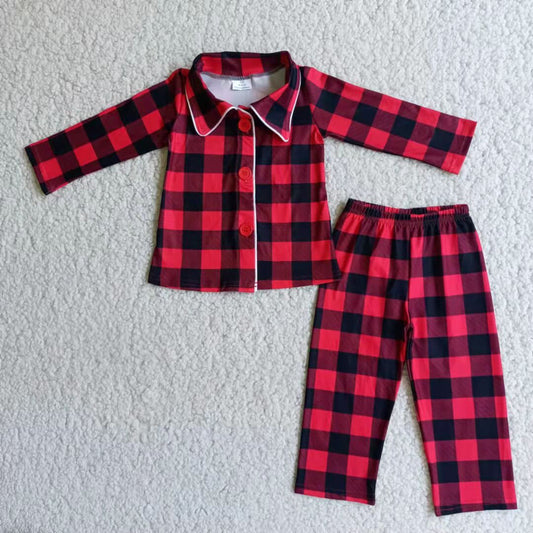 6 B8-24 Christmas Red Black Plaid Boys Long Sleeve Pants Outfits Collar Pajamas