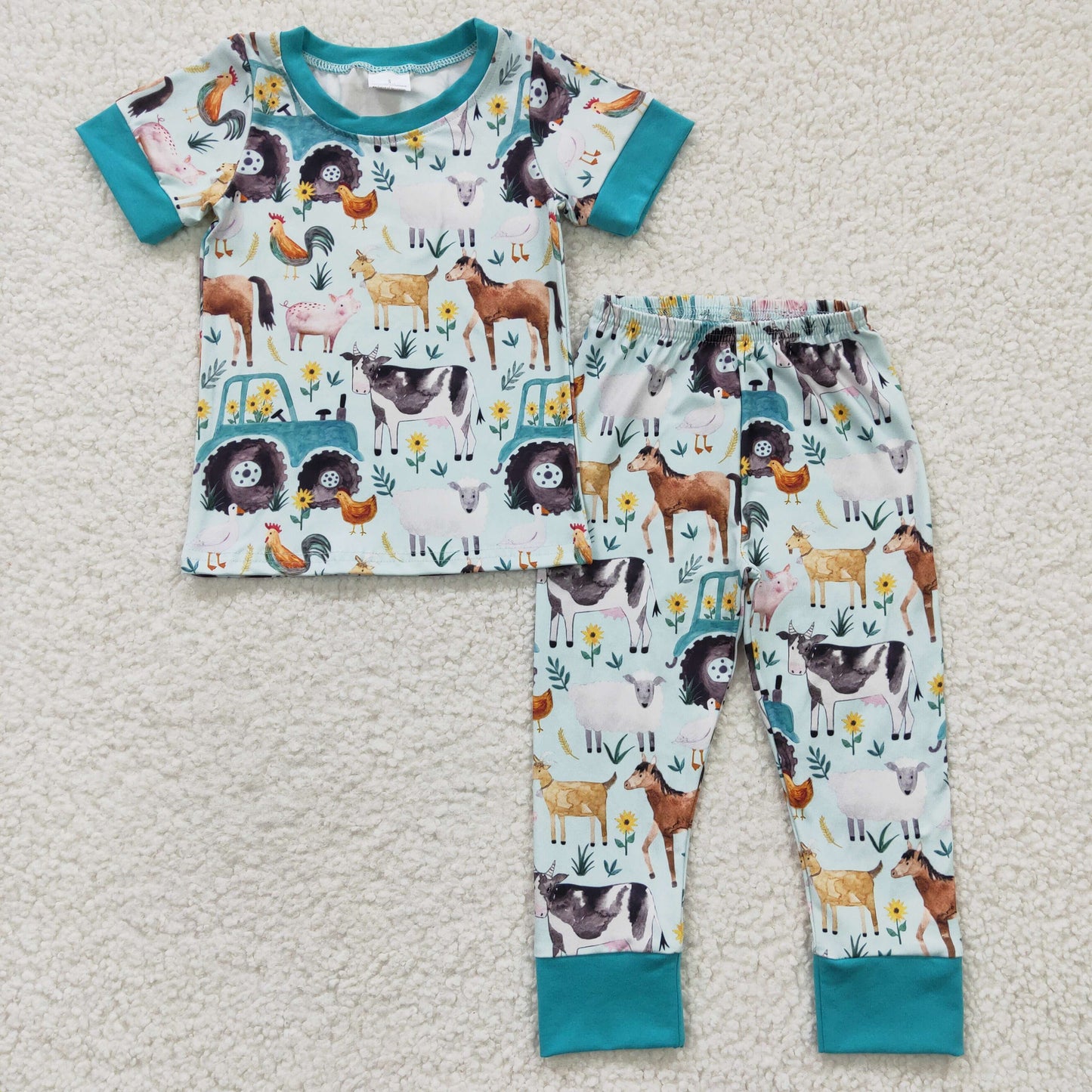 BLP0150 Blue Farm Horses Pig Chicken Boys Short Sleeve Pants Outfits Pajamas