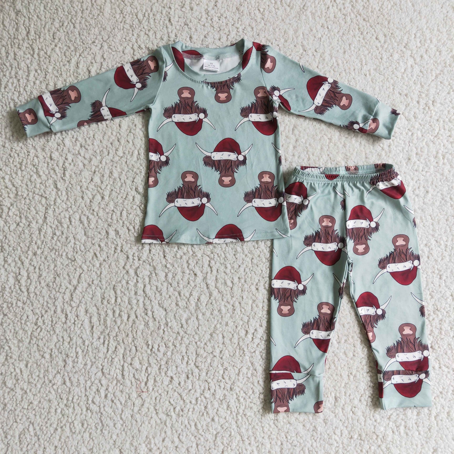 BLP0087 Christmas Green Highland Cow Red Santa Boys Long Sleeve Pants Outfits Pajamas