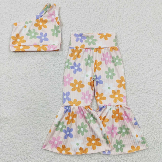 GSPO0525  Pink Floral Flower Single Girls Short Sleeve Bell Bottom Pants Outfits