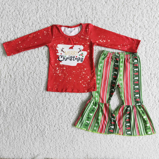 Clearance  6 A18-18 Merry Christmas Tree Red Green Girls Long Sleeve Bell Bottom Pants Outfits