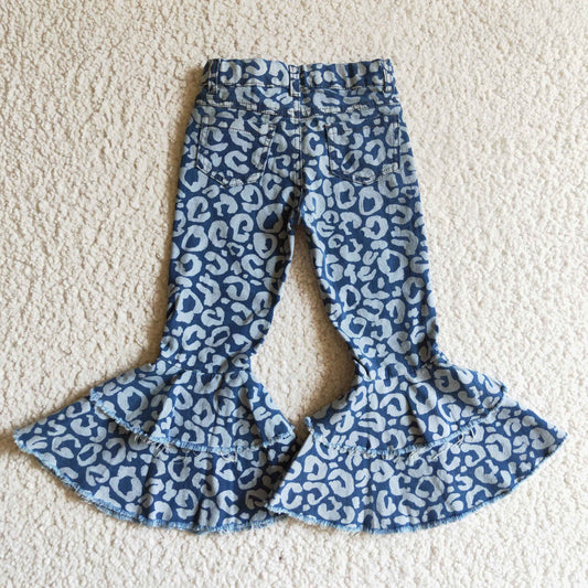 P0027 Blue Leopard Print Double Ruffles Denim Jeans