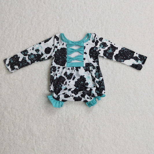 LR0197 Black White Cow Print Blue Ruffles Girls Long Sleeve Romper