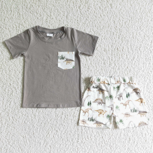 D11-12 Dinosaur Grey Pocket Boys Short Sleeve Shorts Outfits