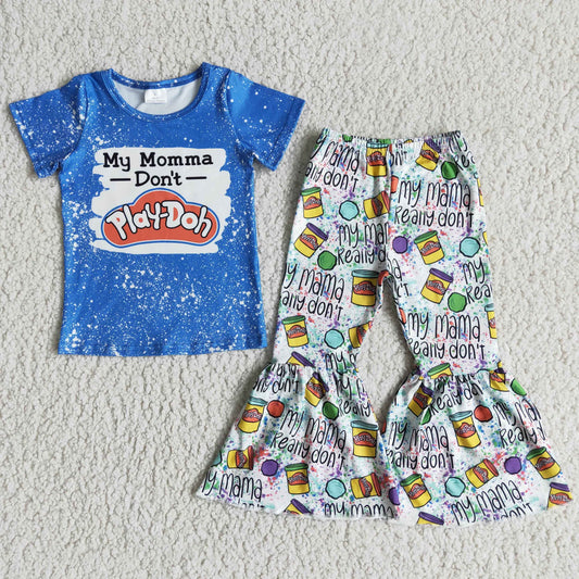 D11-3 Blue Bleach Design My Momma Don't Play-Doh Girls Short Sleeve Bell Bottom Pants Outfits