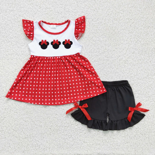 GSSO0130 Red Black M Cartoon Ruffles Embroidery Girls Short Sleeve Shorts Outfits