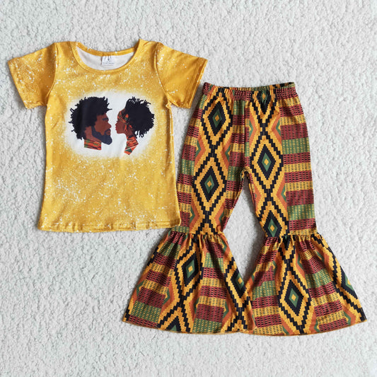 Clearance B1-1 Black History Month Yellow Baby Girls Short Sleeve Bell Bottom Pants Outfits