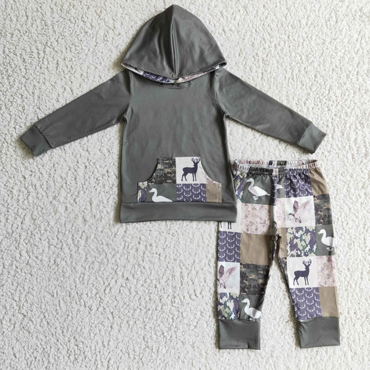 BLP0133 Christmas Green Plaid Deer Duck Camo Pocket Boys Long Sleeve Hoodies Outfits