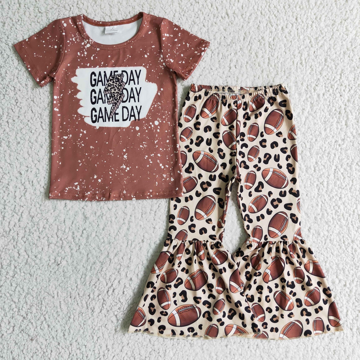 GSPO0216 Brown Leopard Football Game Day Girls Short Sleeve Bell Bottom Pants Outfits